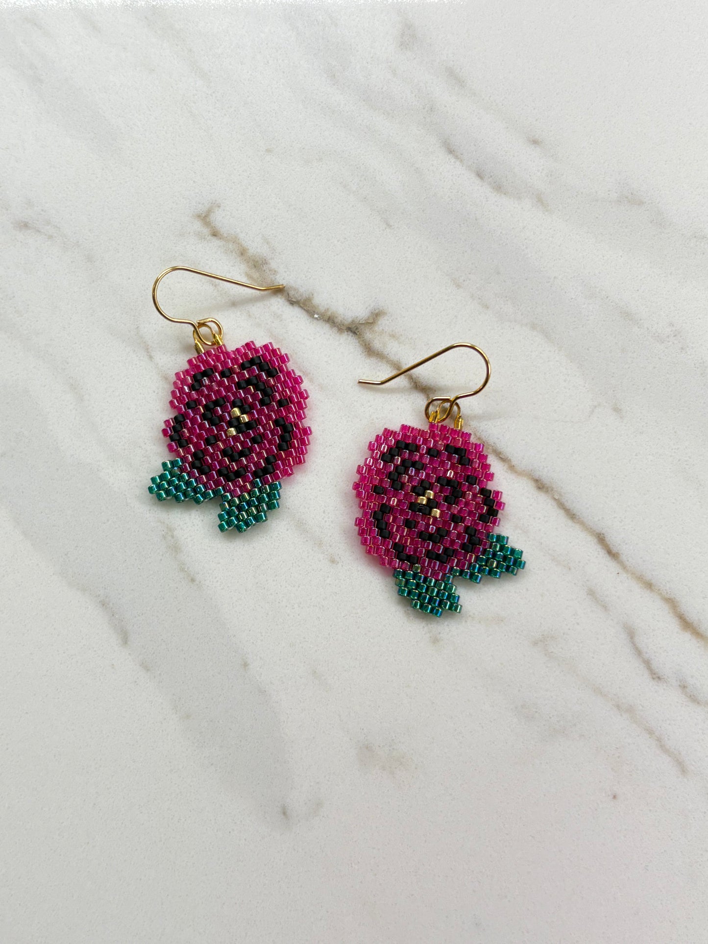 Pink Flower and Green Leaves Beaded Earrings