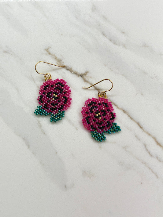 Pink Flower and Green Leaves Beaded Earrings
