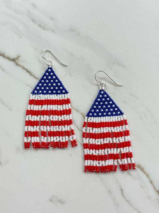 American Flag Fringe Beaded Earrings