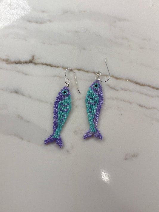 Purple and Green Fish Beaded Earrings