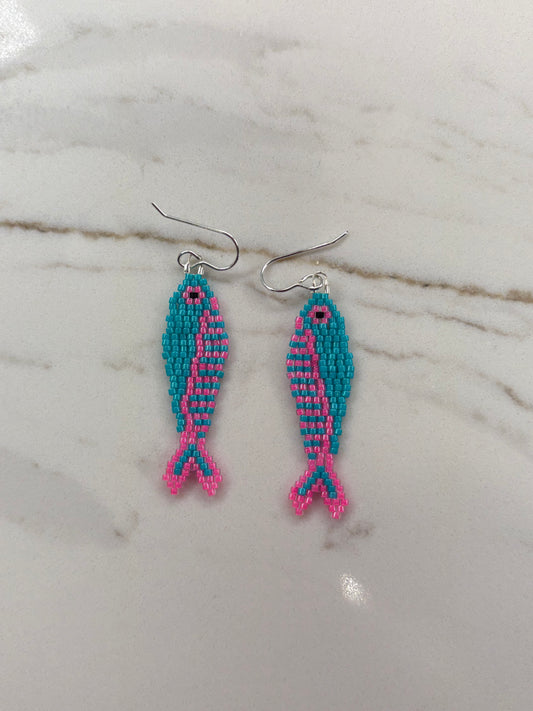 Pink and Teal Fish Beaded Earrings