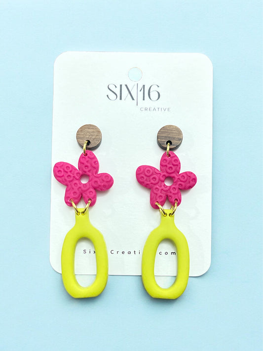 Bright Pink Flower Clay Earrings