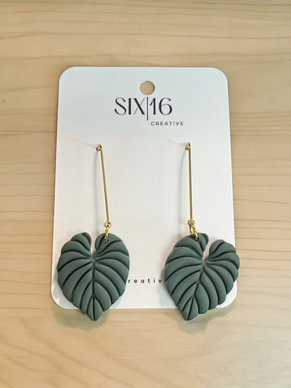 Green Philodendron Leaf Clay Earrings