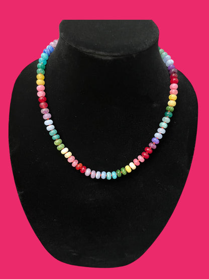 Rainbow Gemstone Necklace with Coral Silk String