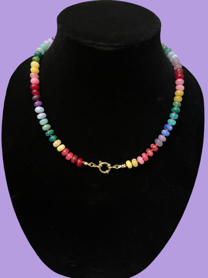 Rainbow Gemstone Necklace with Coral Silk String