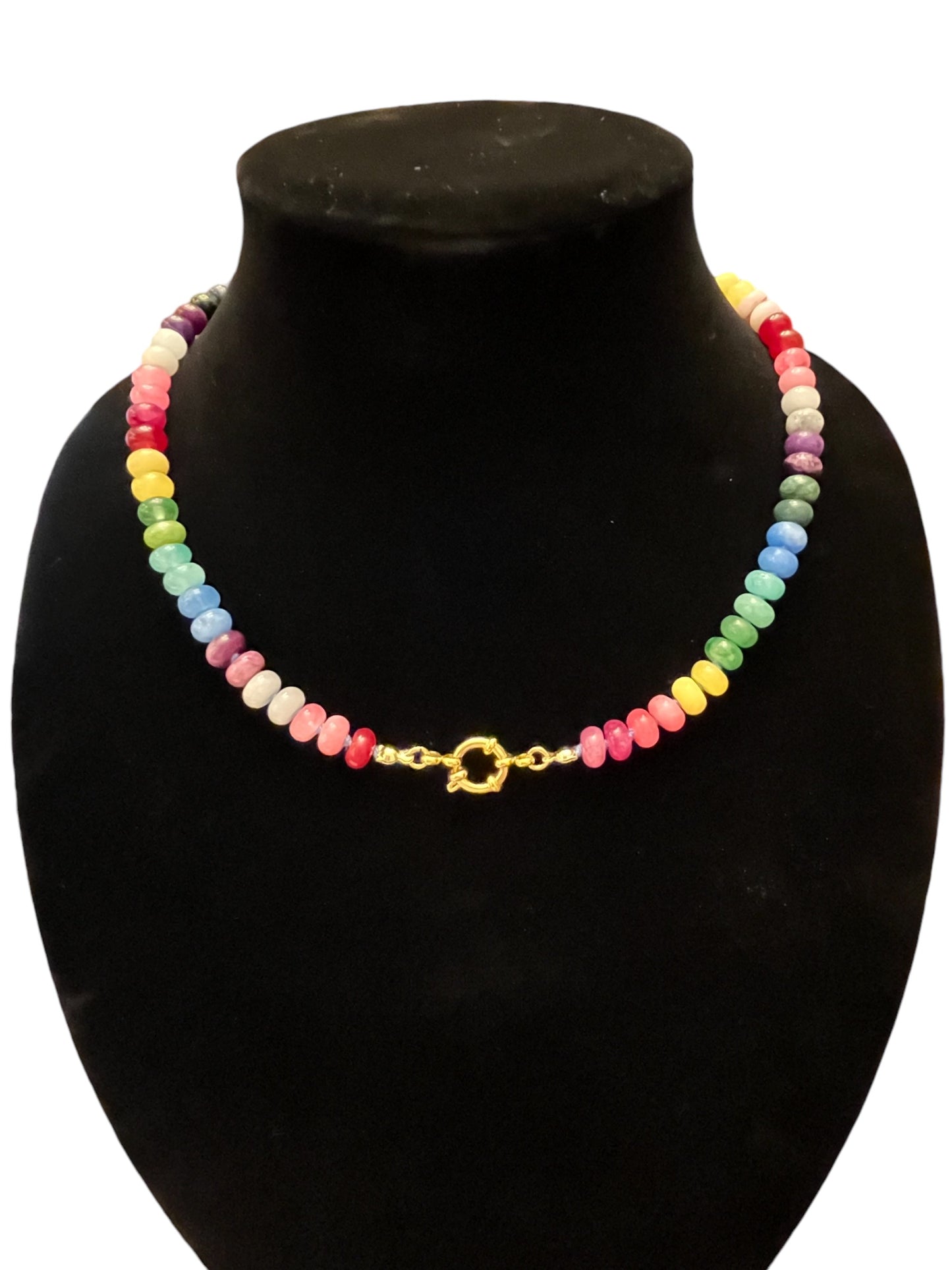 Rainbow Gemstone Necklace with Blue Silk String