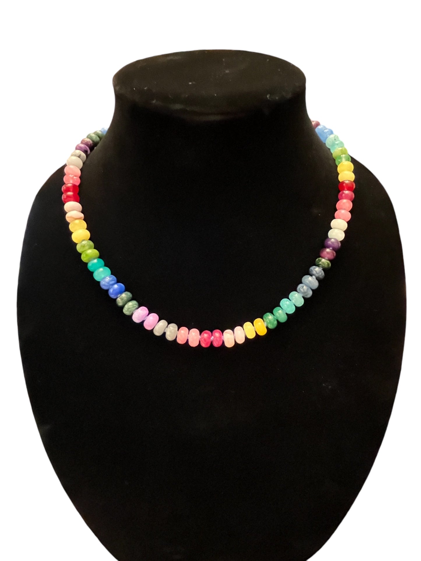 Rainbow Gemstone Necklace with Blue Silk String