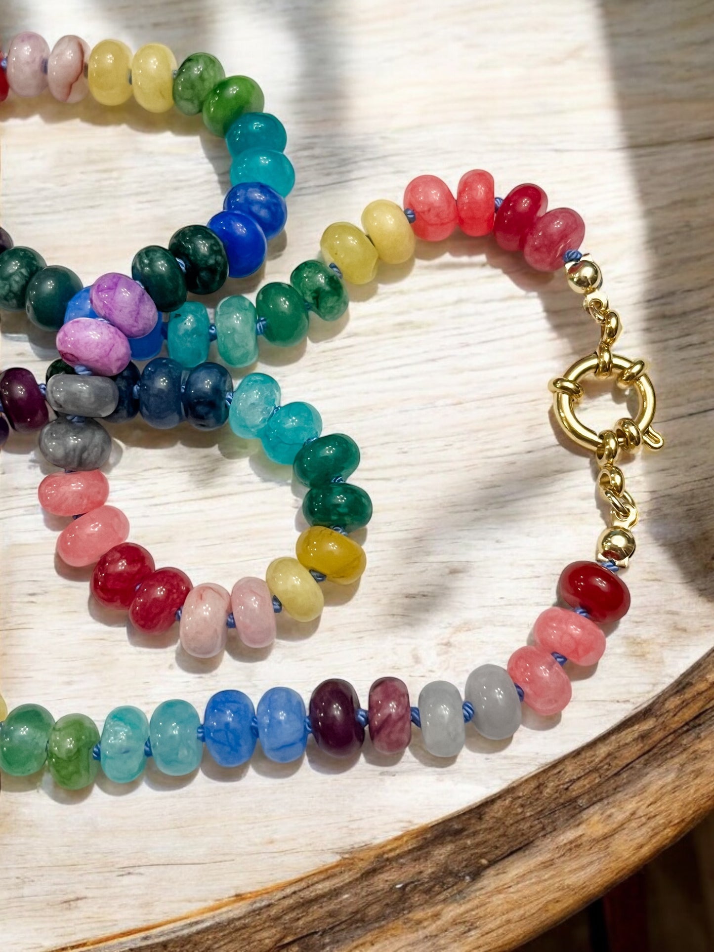 Rainbow Gemstone Necklace with Blue Silk String