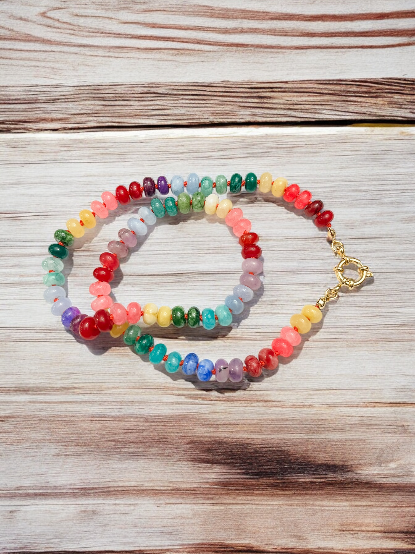 Rainbow Gemstone Necklace with Coral Silk String