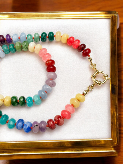 Rainbow Gemstone Necklace with Coral Silk String