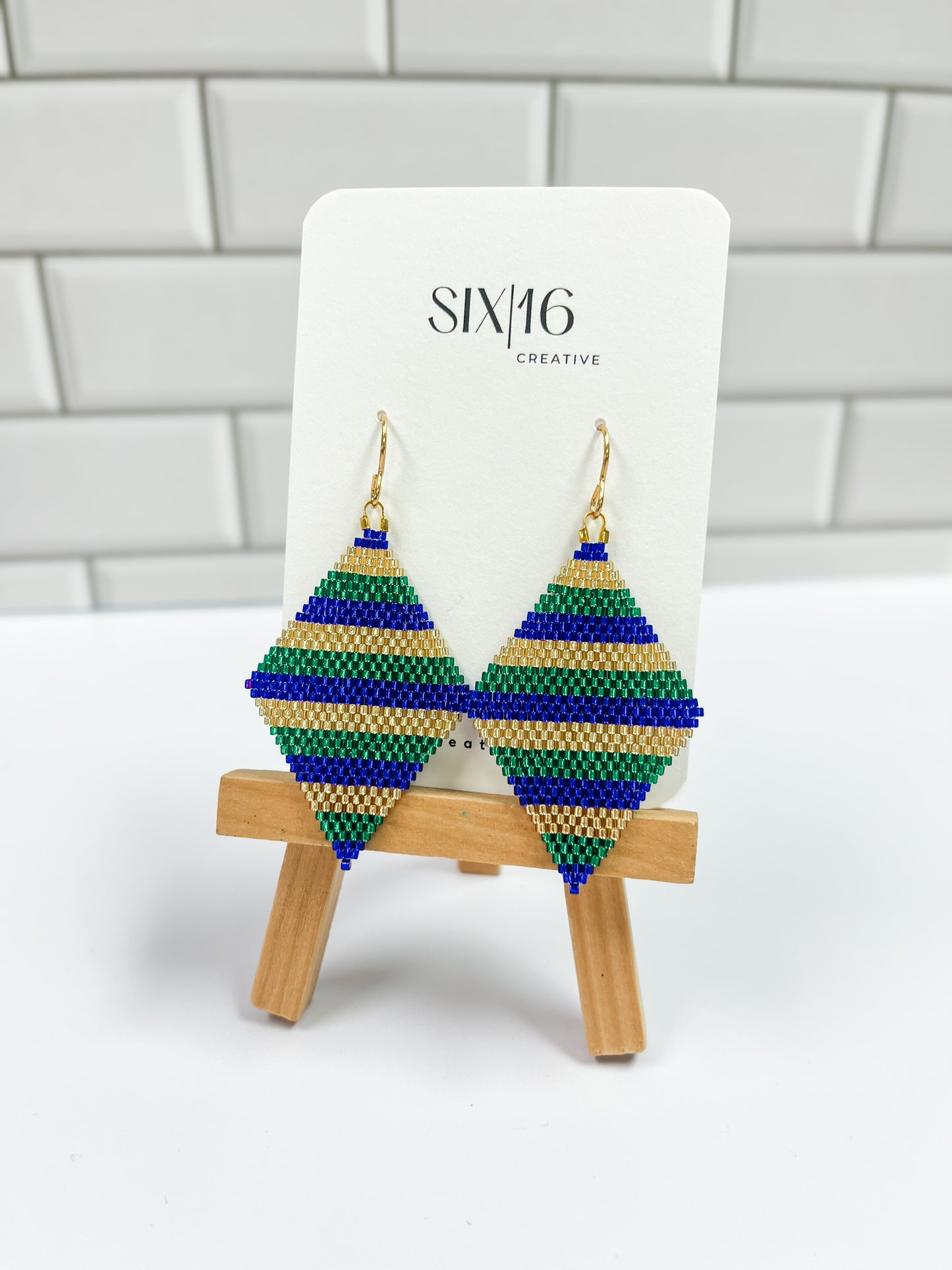 Mardi Gras Striped Diamond Beaded Earrings