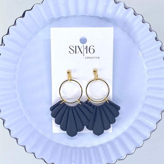 Black Fan Clay Earrings with Gold Accents