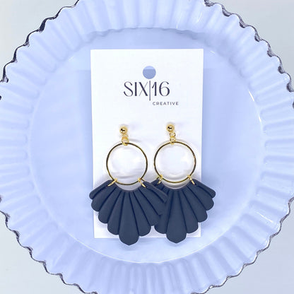 Black Fan Clay Earrings with Gold Accents