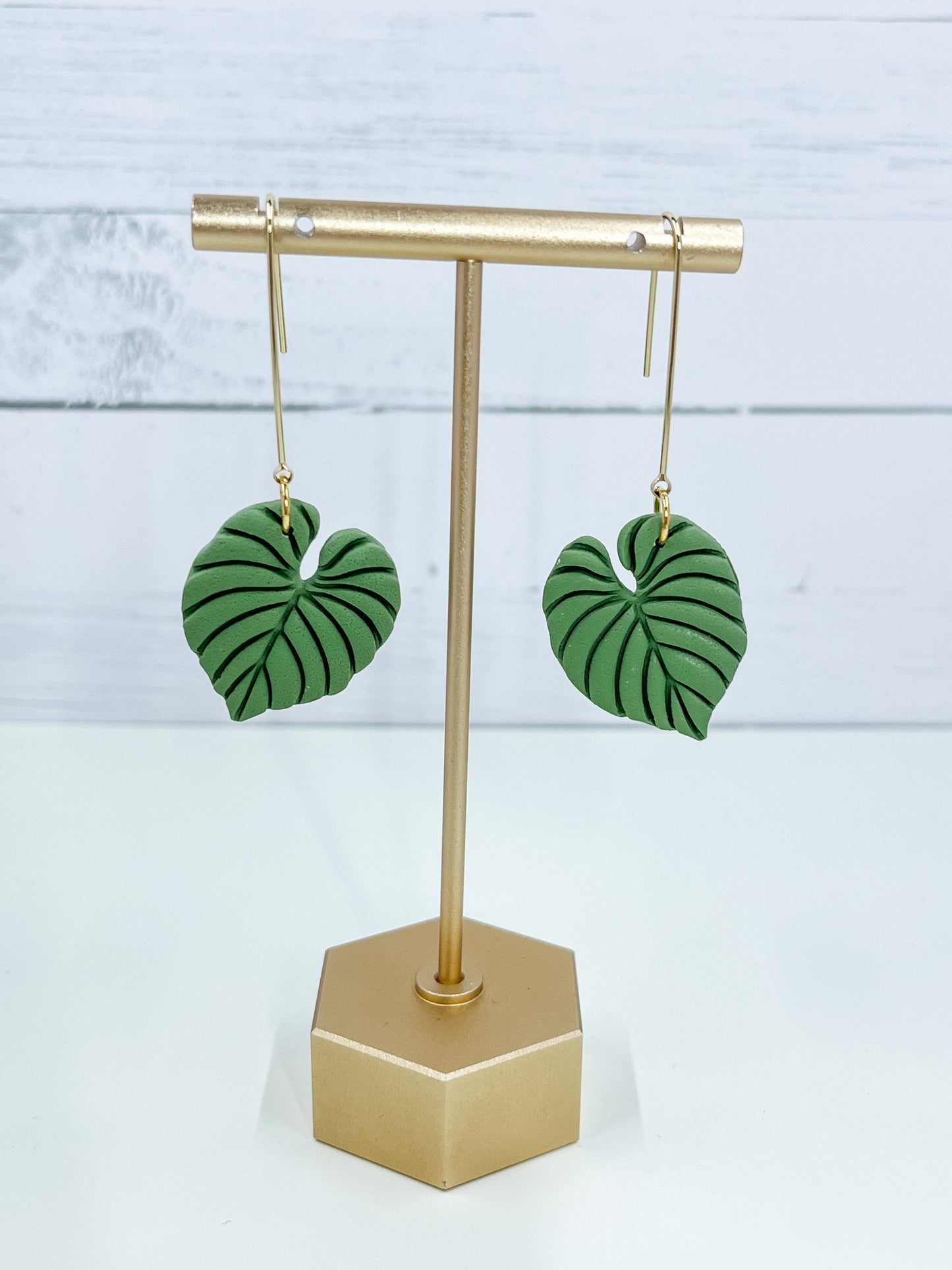 Green Philodendron Leaf Clay Earrings